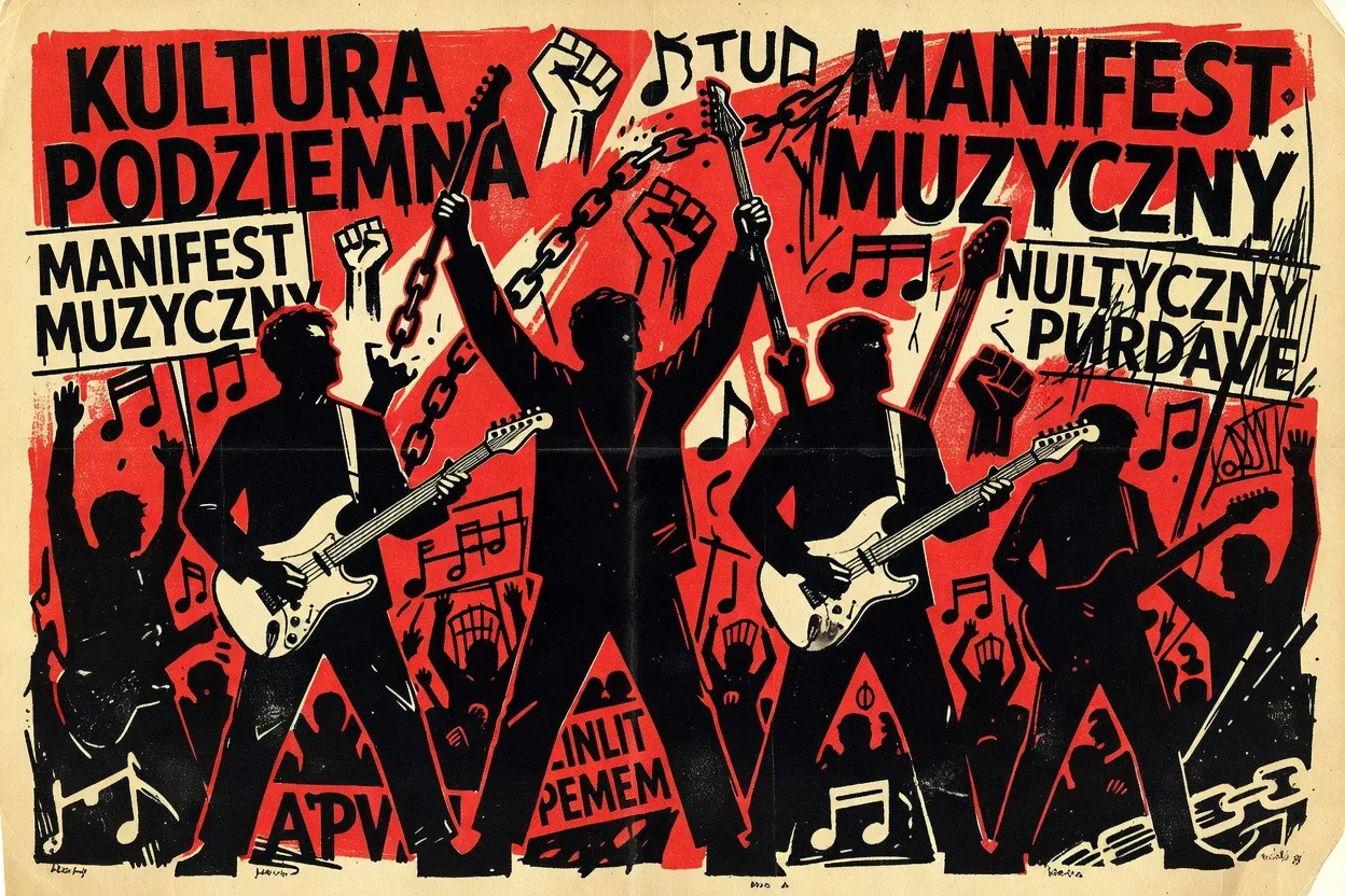 Affiche de concert underground polonaise années 1980, rouge et noir