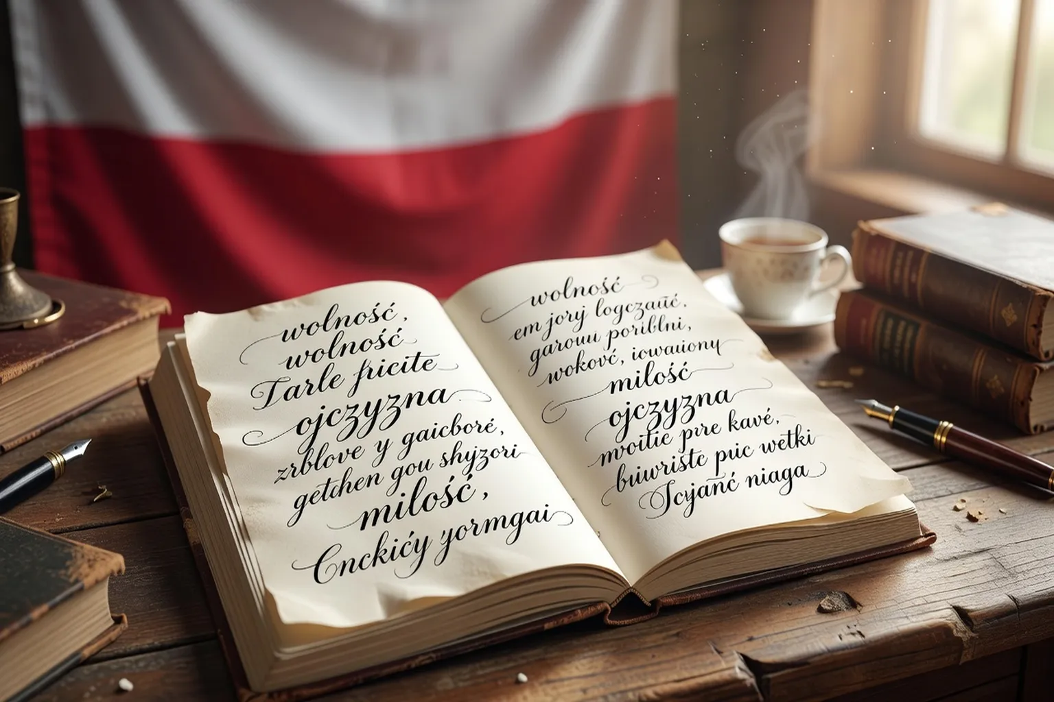 Dictionnaire polonais-français ouvert sur une table de café à Varsovie