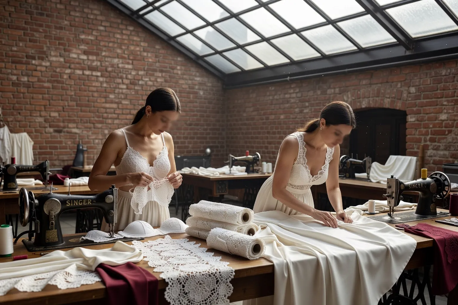 Atelier de lingerie a Lodz avec dentelle de Koniakow et machine a coudre industrielle