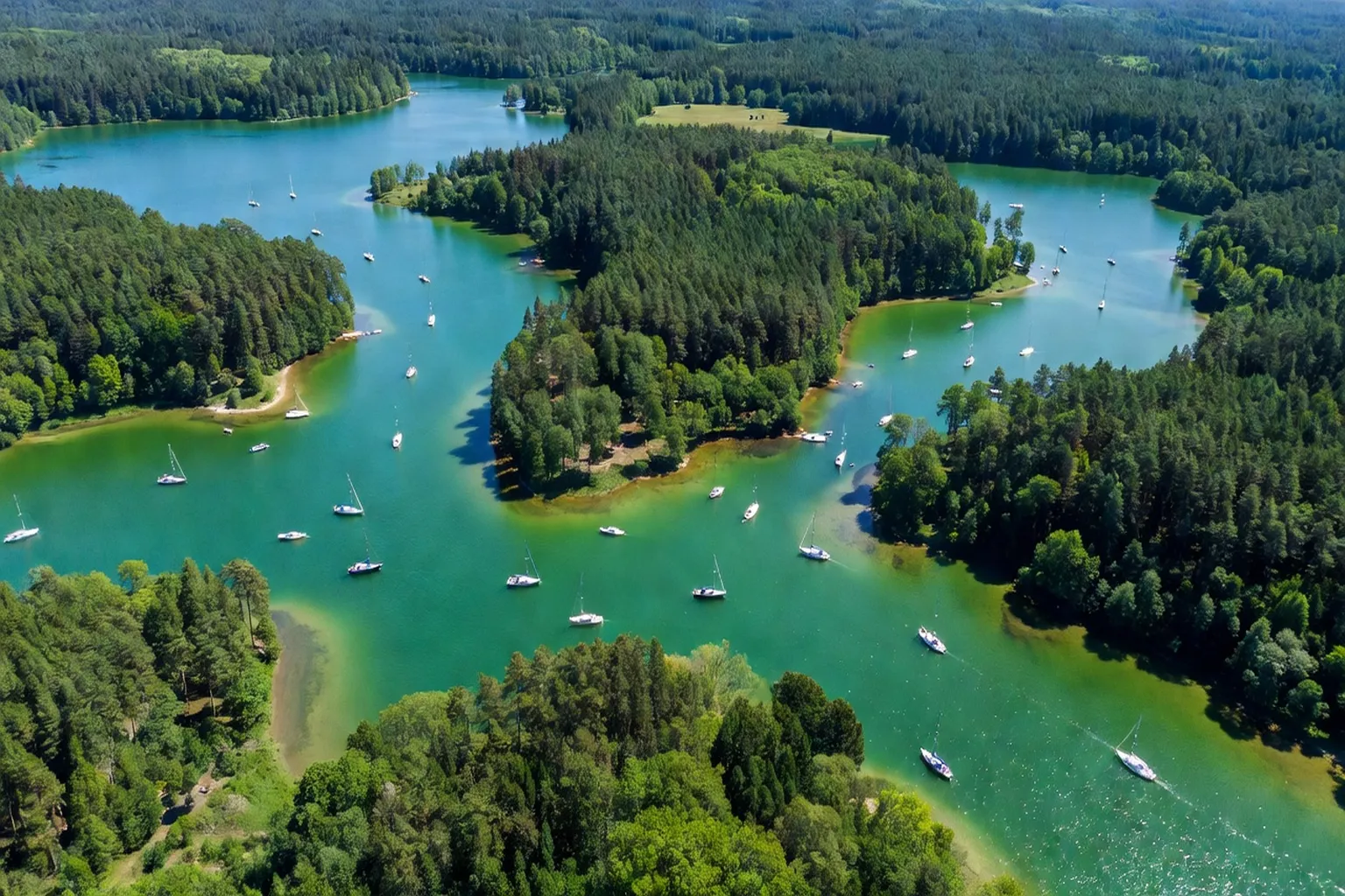 Vue aérienne des Grands Lacs de Mazurie avec forêts et voiliers sur l'eau turquoise