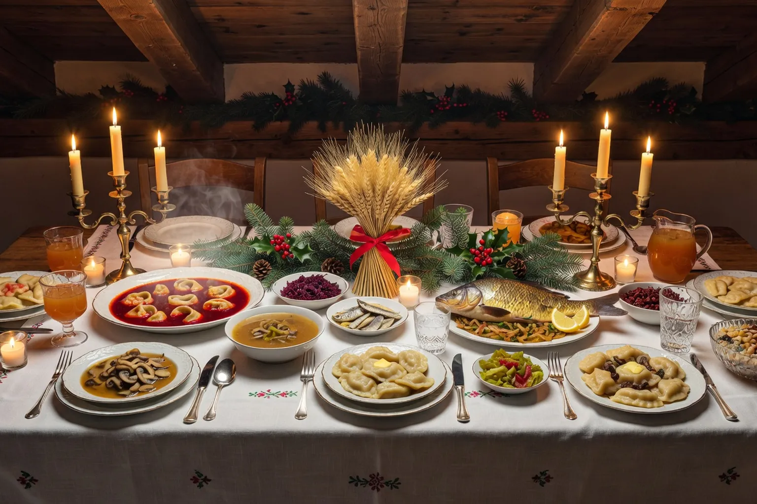 Table de la Wigilia polonaise 2026 : 12 plats traditionnels, opłatek, bougies et décorations de Noël