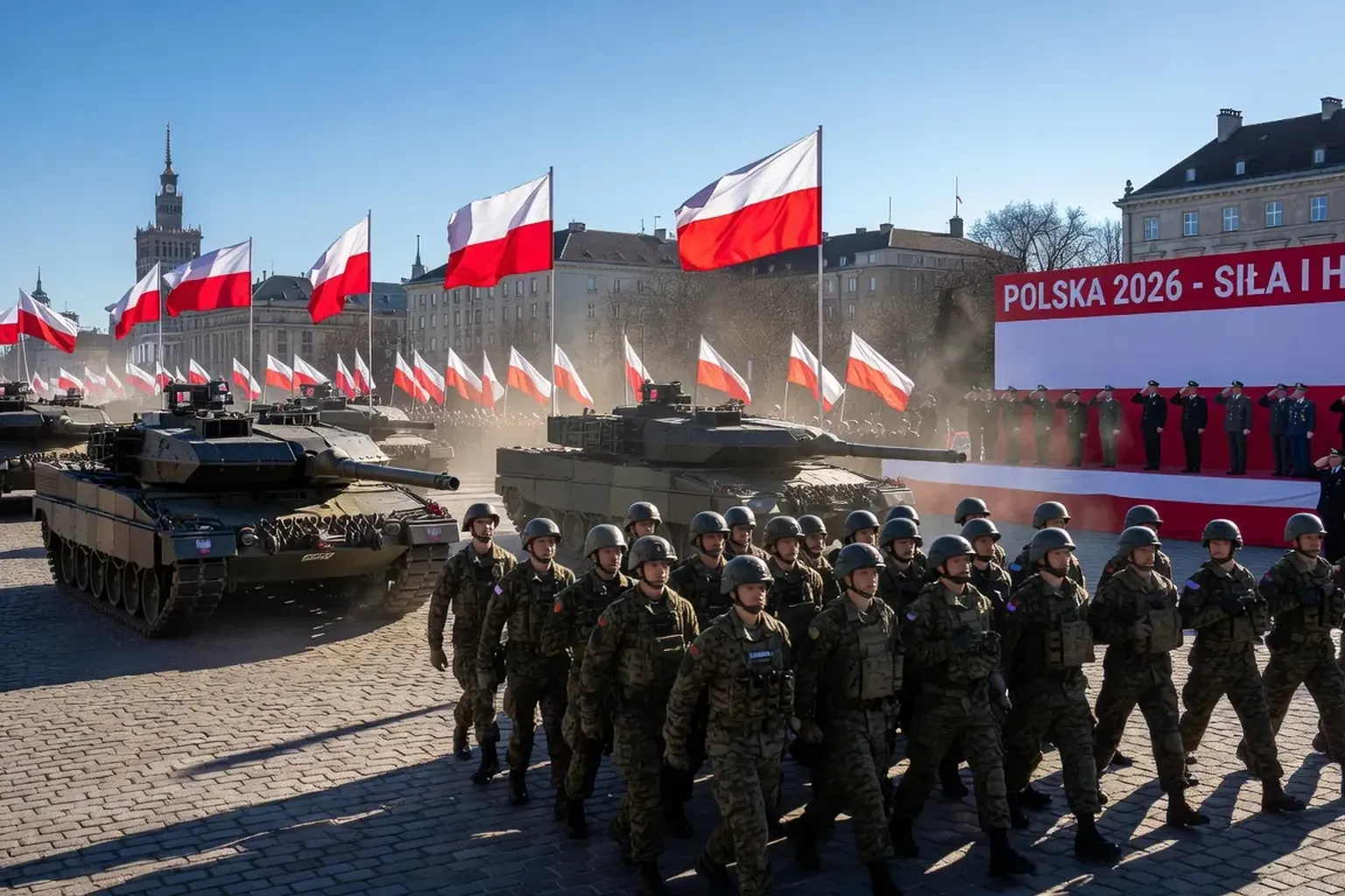 Défilé militaire polonais à Varsovie, soldats en uniforme et chars Leopard, cérémonie patriotique