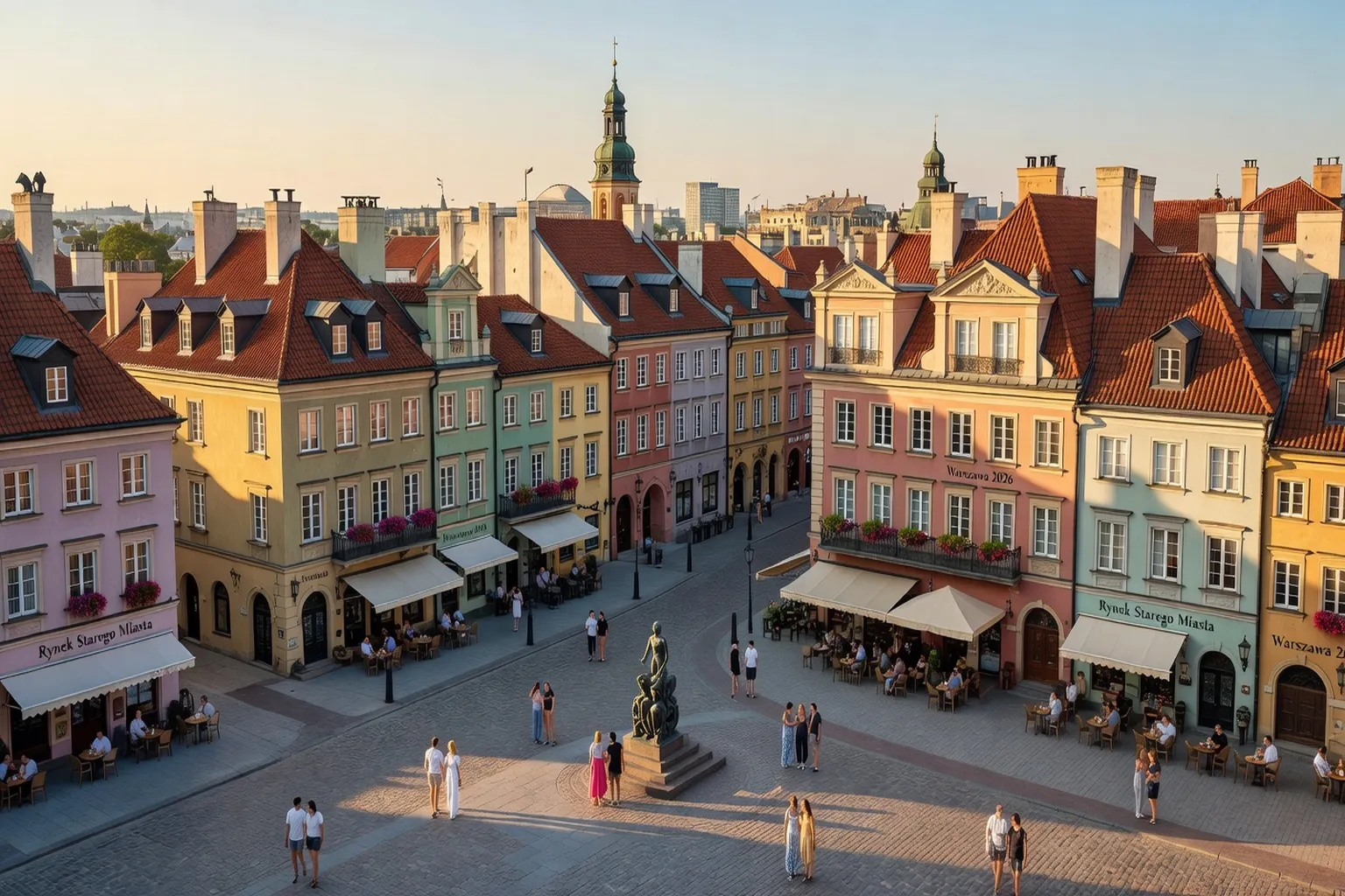 La place du Marché (Rynek Starego Miasta) de Varsovie en soirée dorée, bâtiments historiques reconstruits colorés, touristes et terrasses animées