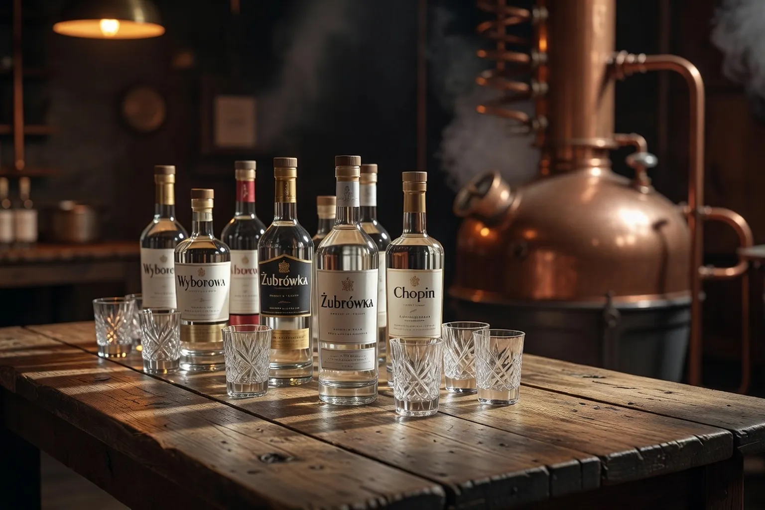 Bouteille de vodka polonaise givrée entourée de verres à shot traditionnels