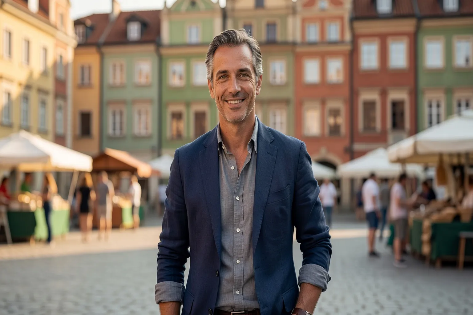 Portrait éditorial de Jan Wiśniewski, historien franco-polonais spécialisé en Silésie, arrière-plan flou de la place du Marché de Wrocław