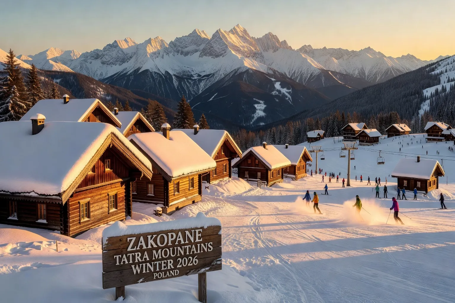 Vue panoramique sur les Tatras enneigées depuis Zakopane, avec chalets en bois górale au premier plan